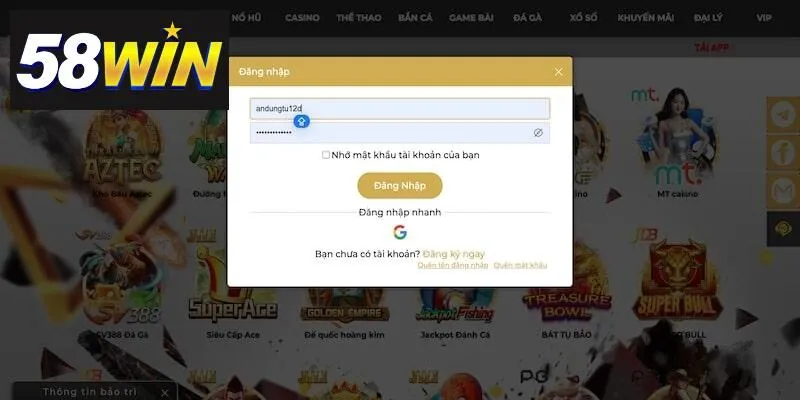 2 thông tin cần điền tại biểu mẫu đăng nhập 58win