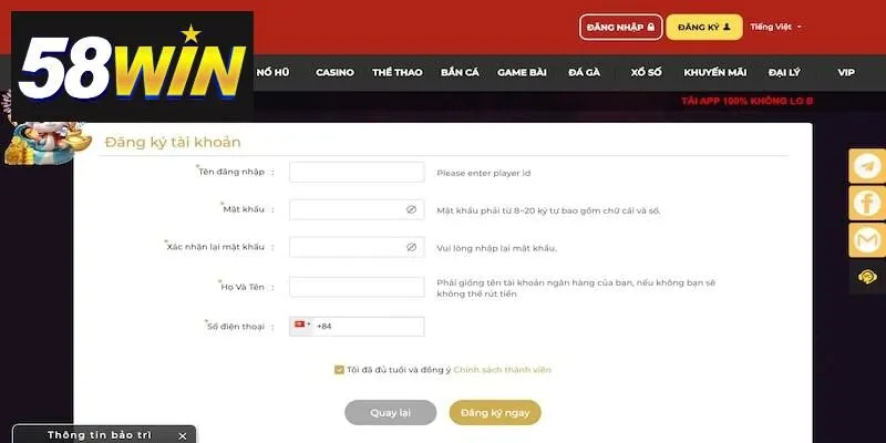 Bảng điền thông tin khi đăng ký 58win