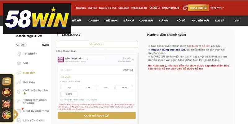 3 bước nạp tiền 58win bằng ví điện tử