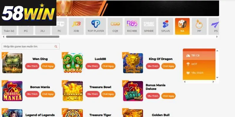 Một số sản phẩm nổ hũ tại 58win hấp dẫn